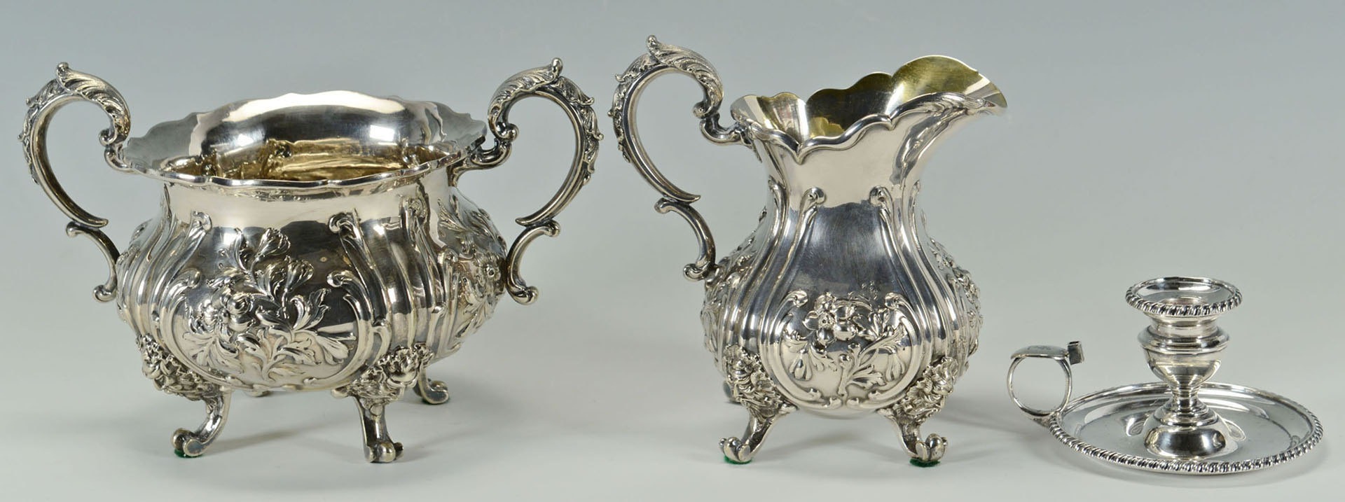 Lot 597: Elkington Tea/Coffee Service, tray and candlestick