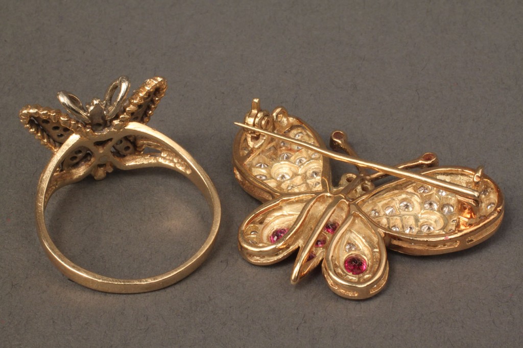 Lot 108:  Diamond and Gemstone Butterfly Pin & Ring