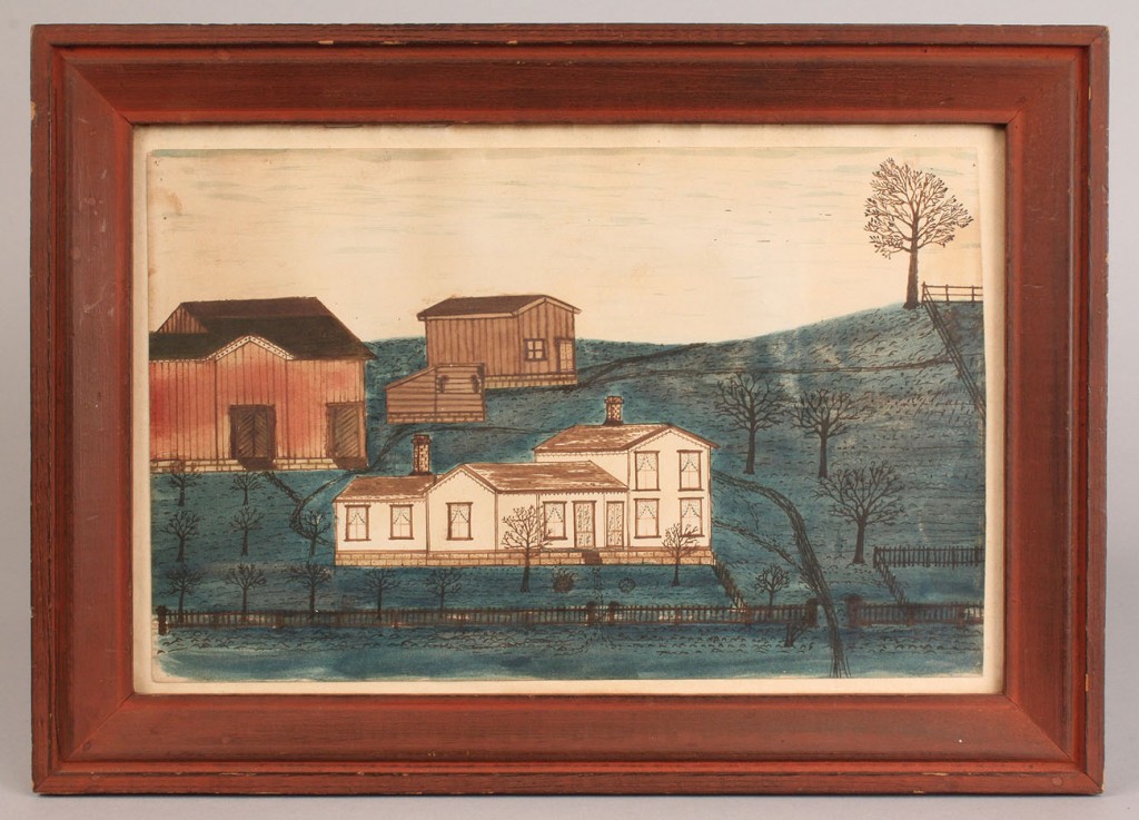 Lot 142: Folk art watercolor, farm landscape, 19th c.
