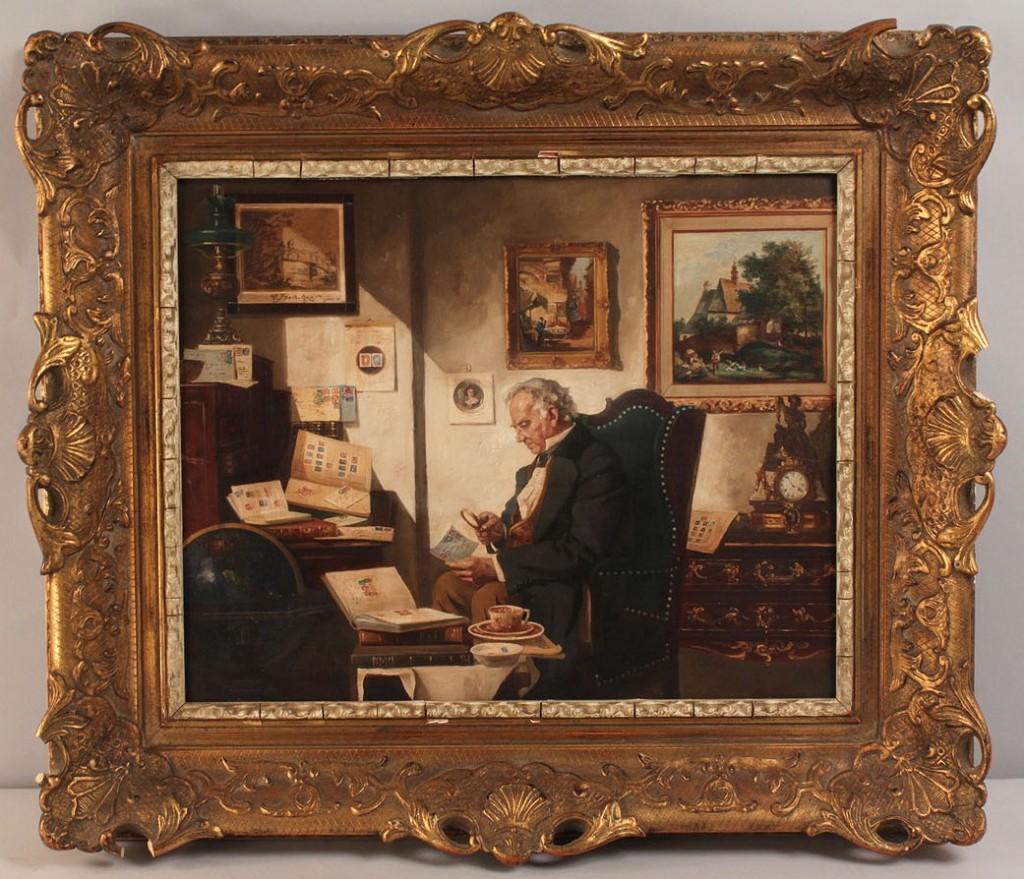 Lot 156: Curt Bruckner oil on canvas, "Stamp Collector"