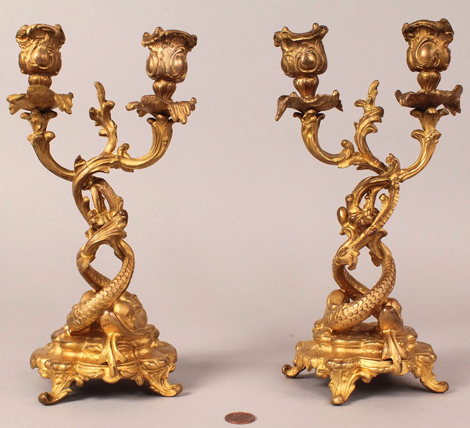 Lot 176: Pair of Gilt Bronze Dolphin Figural Candleabra