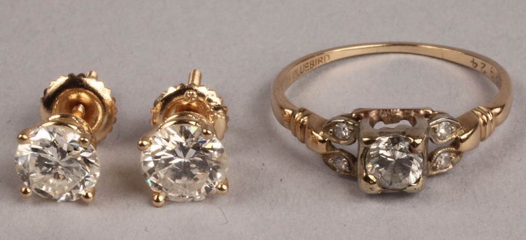 Lot 252: Lot of Diamond Jewelry: Pair Studs and Ring