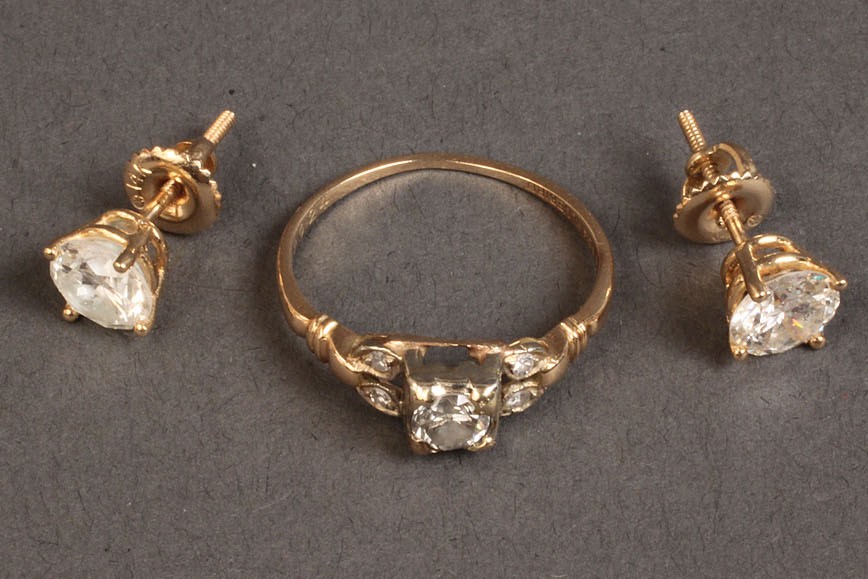 Lot 252: Lot of Diamond Jewelry: Pair Studs and Ring