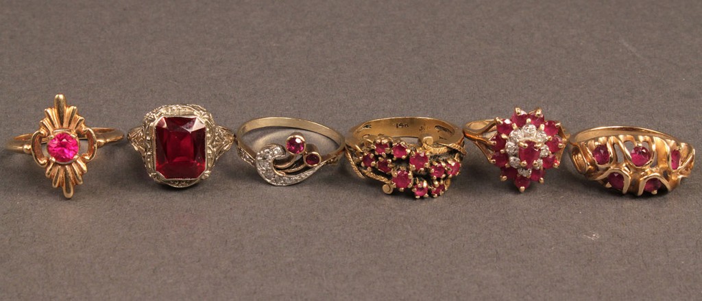 Lot 254: Lot of 6 Gold Rings w/ Red Stones