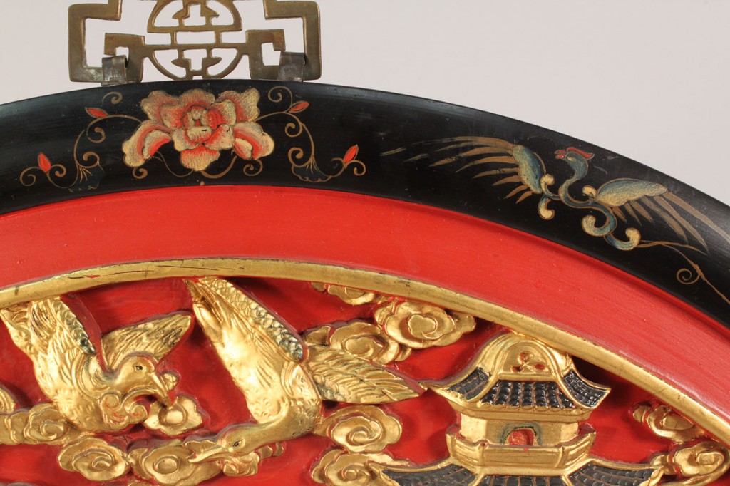 Lot 276: Chinese Red Lacquer and Parcel Gilt Circular Medallion Plaque