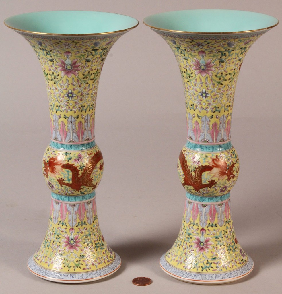Lot 280: Pair of Chinese Famille Rose beaker vases, Ch'ing Dynasty mark