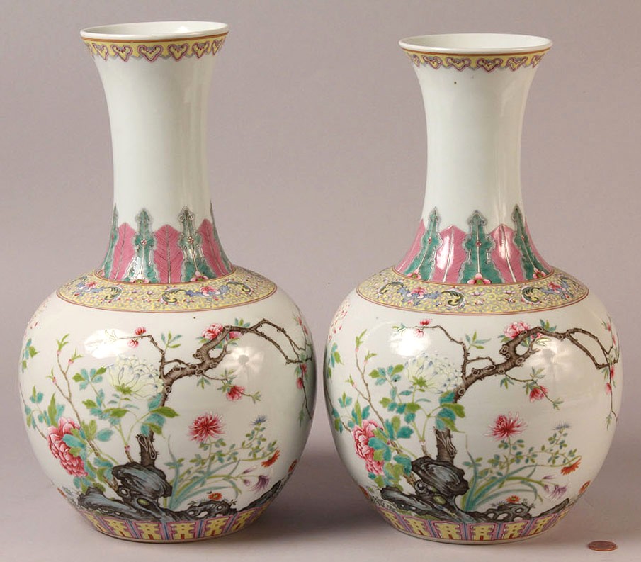 Lot 281: Pair of Chinese Famille Rose Baluster vases