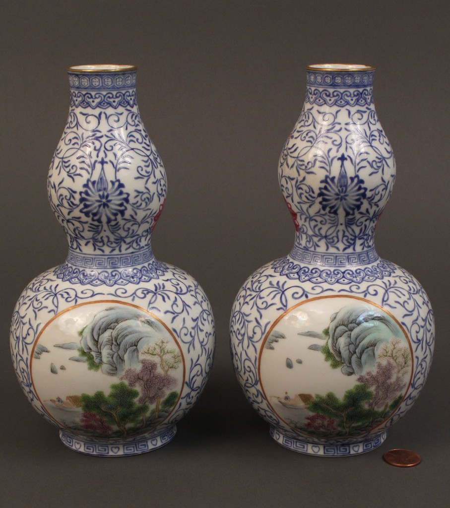 Lot 291: Pair of Chinese Famille Rose gourd vases