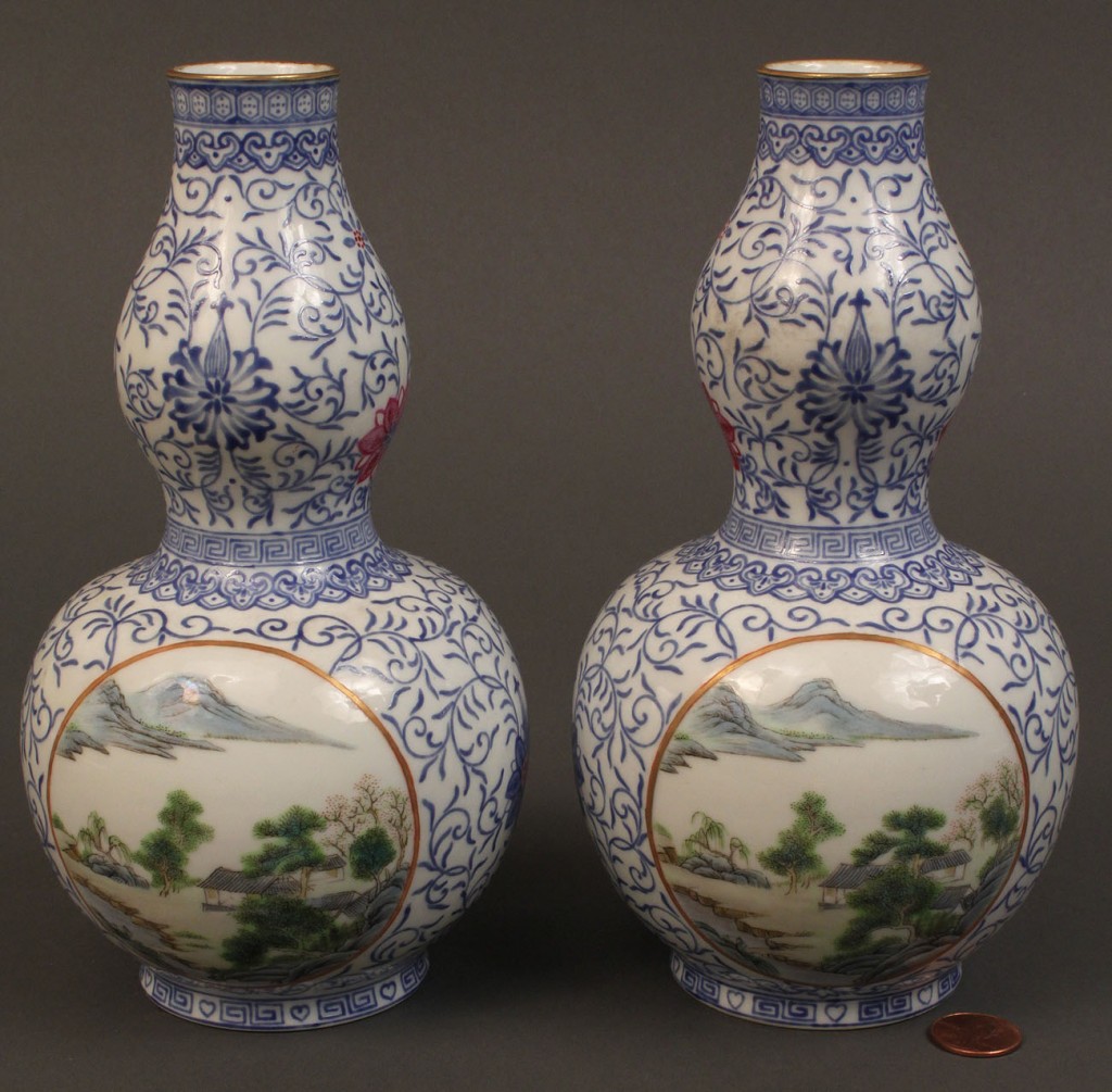 Lot 291: Pair of Chinese Famille Rose gourd vases