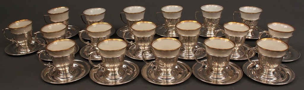Lot 532: 2 Sets of Sterling Demitasse with Saucers along with set of 5 wghtd sterling nut dishes