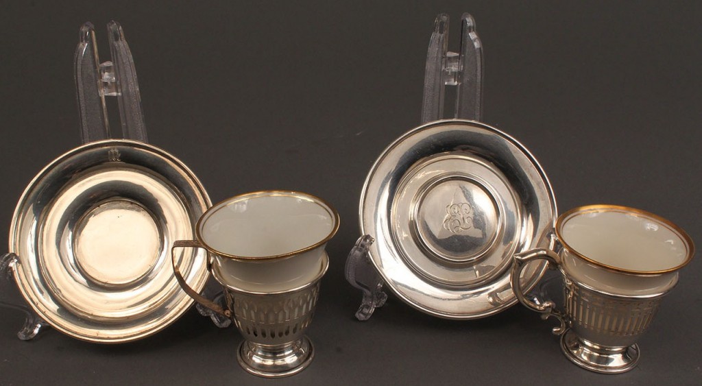 Lot 532: 2 Sets of Sterling Demitasse with Saucers along with set of 5 wghtd sterling nut dishes