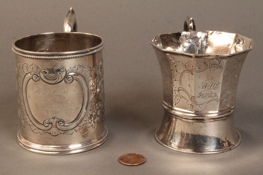Lot 58: Lot of 2 coin silver mugs, 19th c.