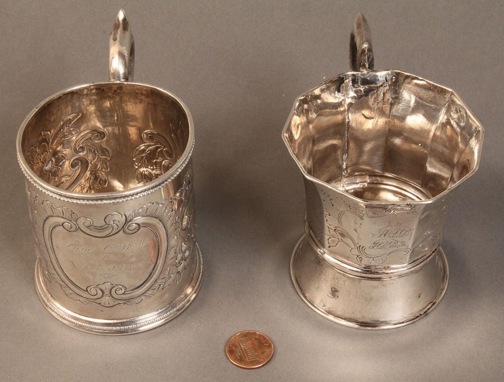 Lot 58: Lot of 2 coin silver mugs, 19th c.