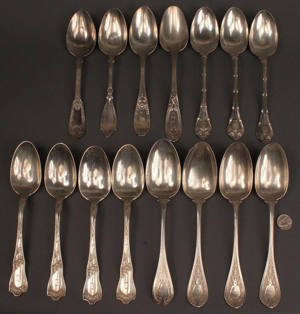 Lot 60: Lot of 15 coin & early sterling silver tablespoons