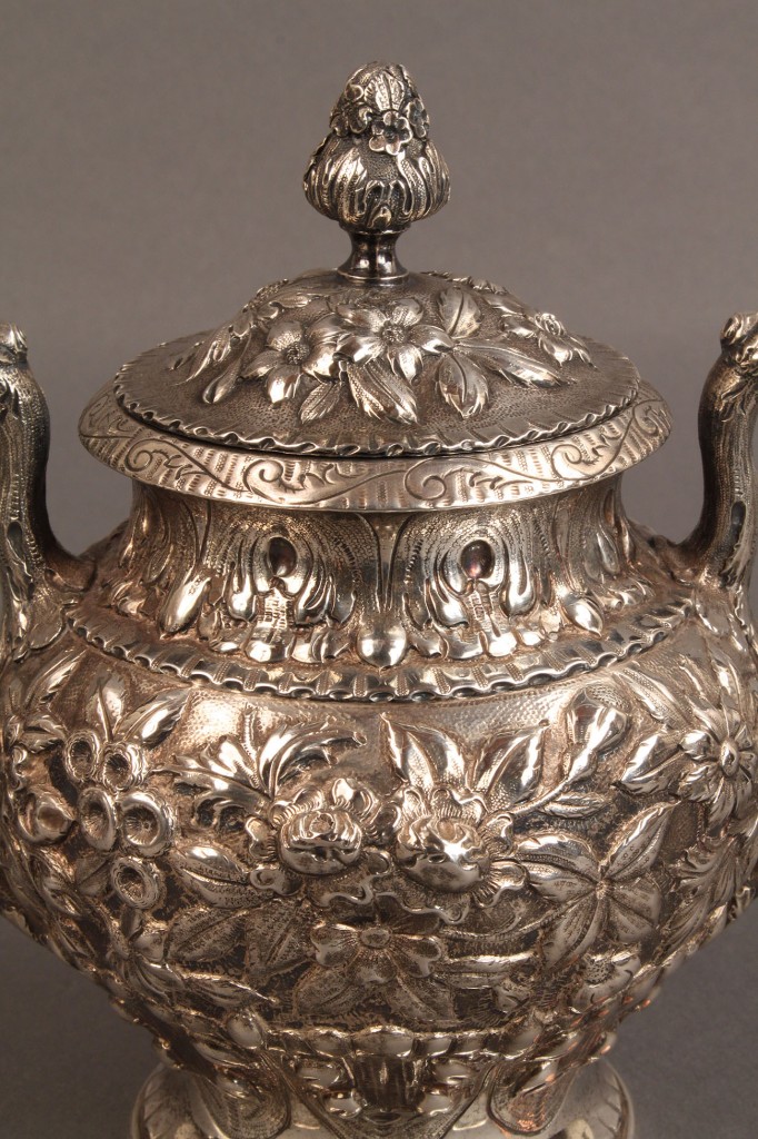 Lot 77: S. Kirk & Son Repousse sterling Coffee Service