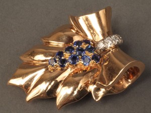 Lot 98: Tiffany 14K Sapphire & Diamond Ribbon Brooch