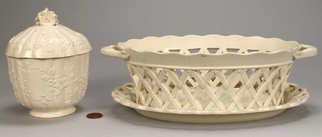 Lot 104: Creamware basket, covered pot, and Liverpool mug