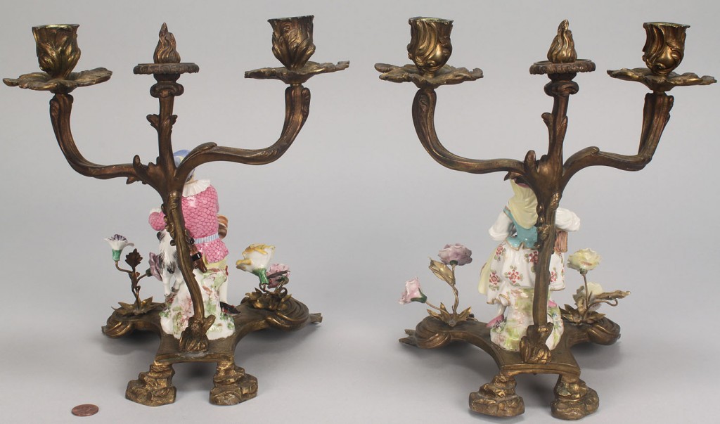 Lot 105: Pair Gilt Bronze & Meissen Porcelain Candleabra