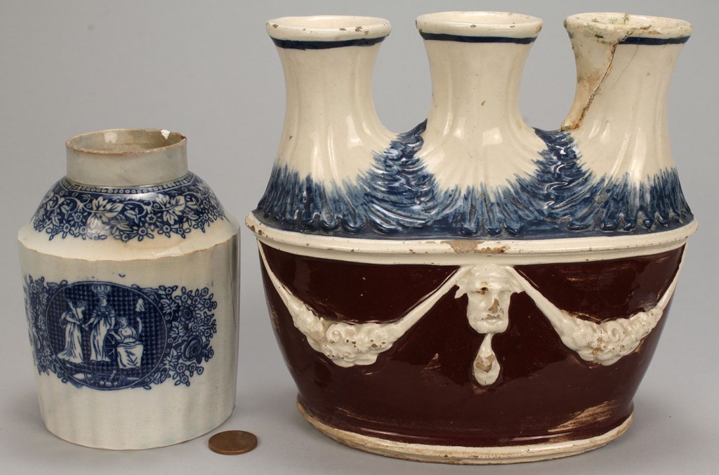 Lot 107: Triple Neck Vase and Pearlware Tea Caddy