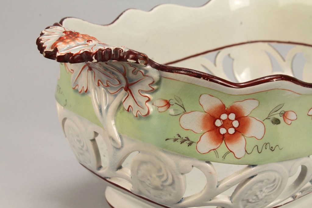 Lot 109: Pierced creamware basket w/ polychrome decoration