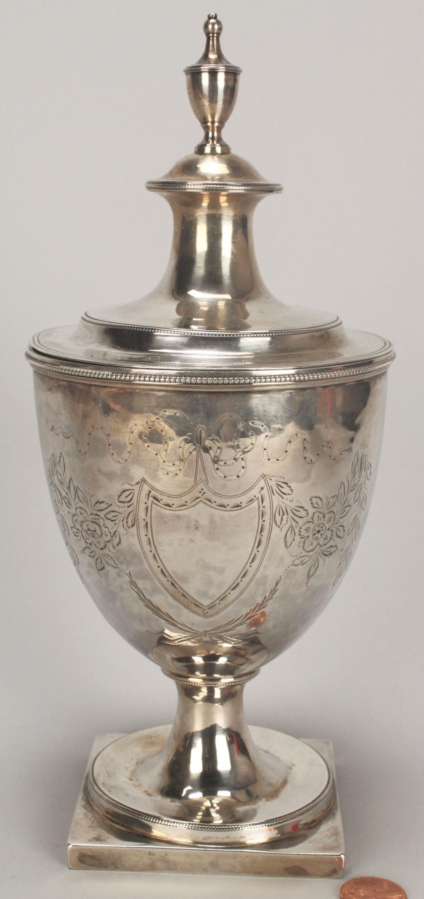 Lot 118: Federal coin silver sugar urn, engraved decoration