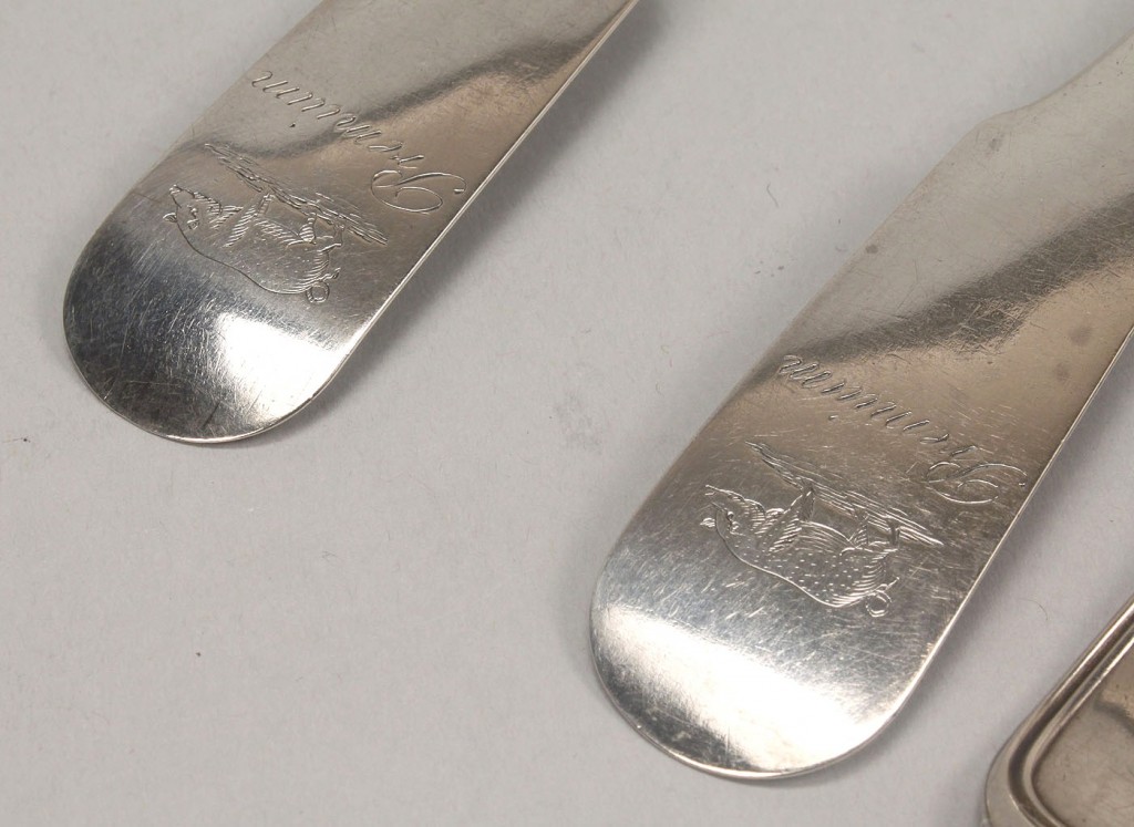 Lot 124: 4 pcs Agricultural Coin Silver flatware inc pig en