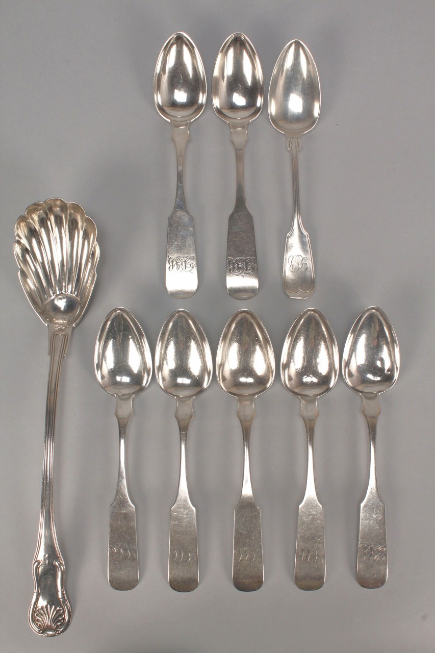 Lot 129: Baltimore silver ladle and 8 spoons