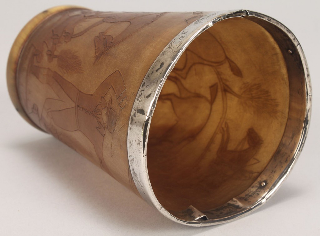 Lot 158: Silver mounted horn cup w/hunt scene