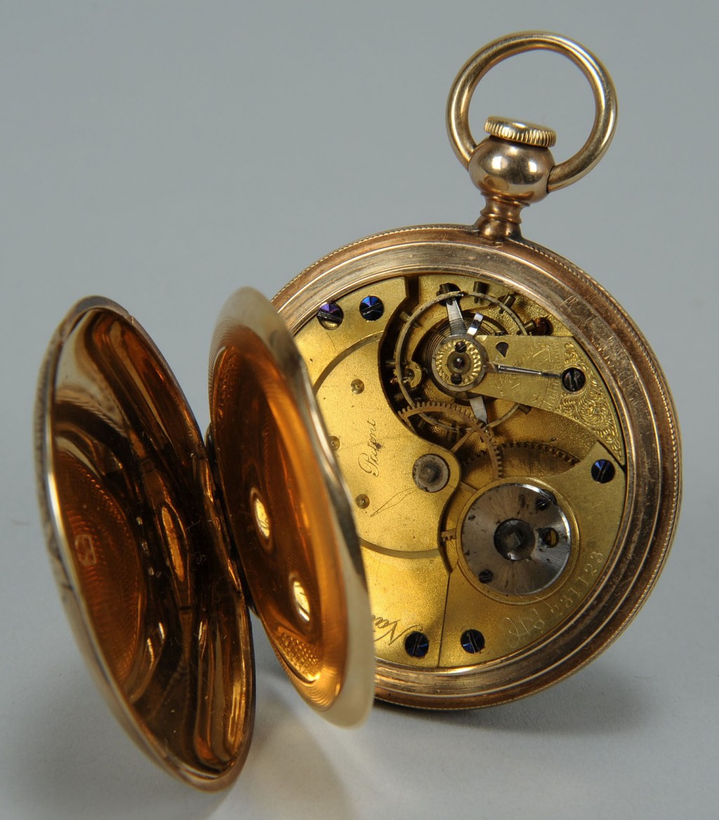 Lot 171: 14K gold Elgin Pocket watch, bird decorated face