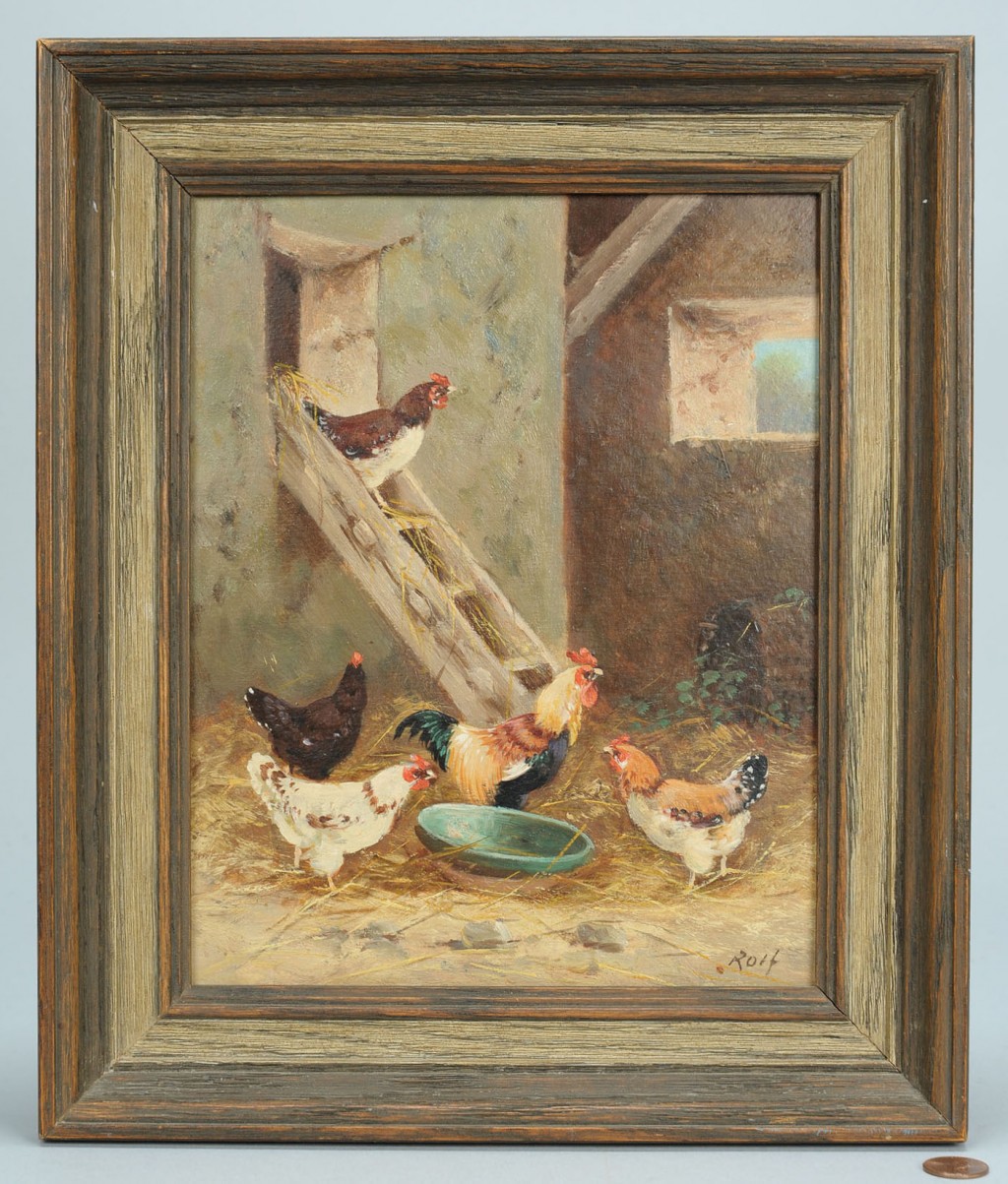 Lot 194: Oil painting of chickens, signed Rolf