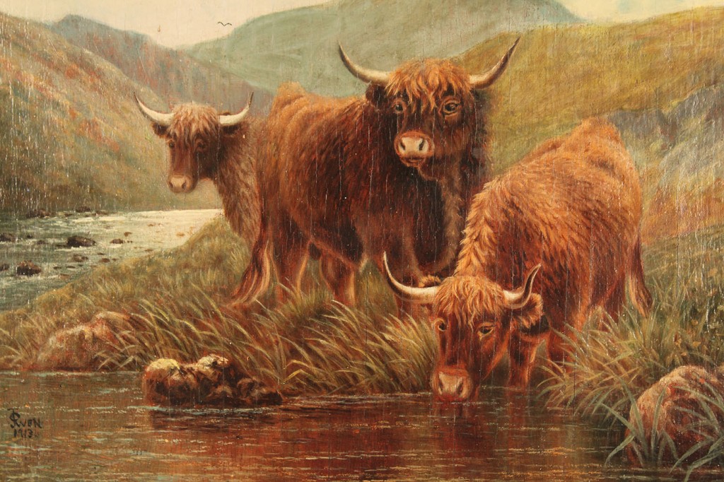 Lot 202: F.E. Jamieson oil on board, Landscape with 3 cows