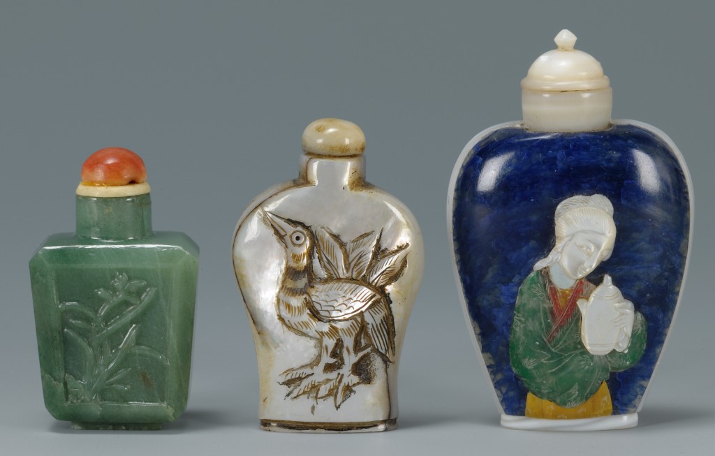 Lot 242: 3 Chinese Snuff Bottles, pearl and jade