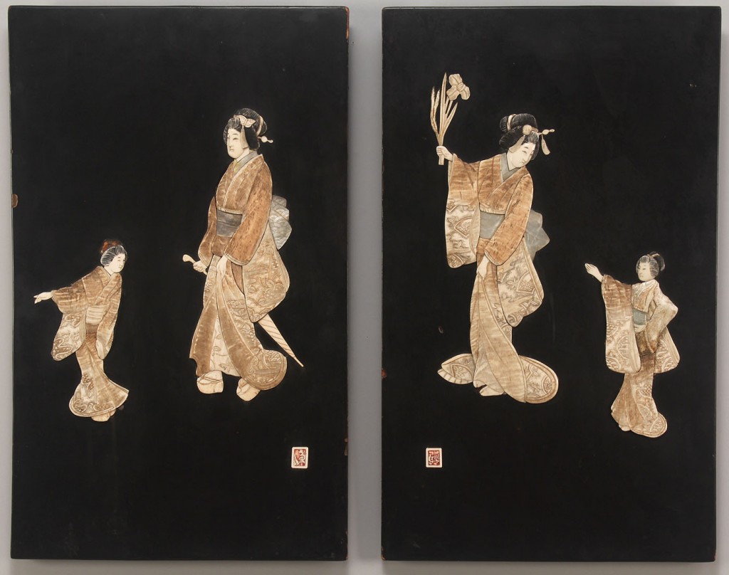 Lot 259: Pair Asian lacquered panels w/ Ivory, bone, pearl