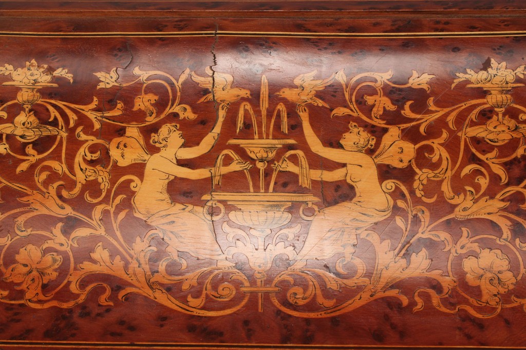 Lot 280: Marquetry writing box, inlaid nudes
