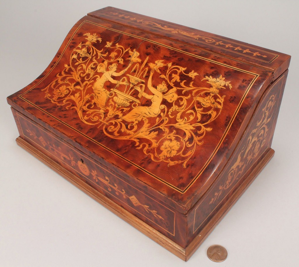 Lot 280: Marquetry writing box, inlaid nudes