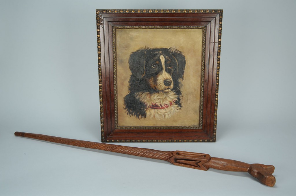 Lot 284: Folk Art Carved Dog Cane And Dog Painting