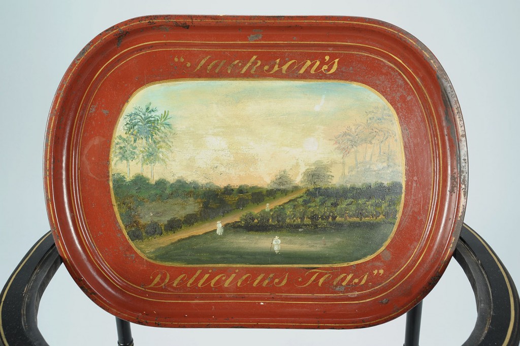 Lot 317: Rare tole advertising tray on stand, Jackson's Tea