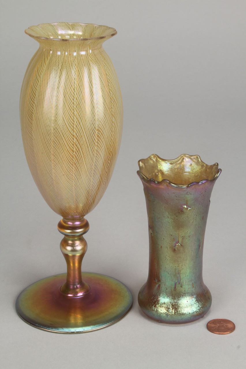 Lot 324: Favrile fluted vase, poss. Tiffany & Loetz bud vas