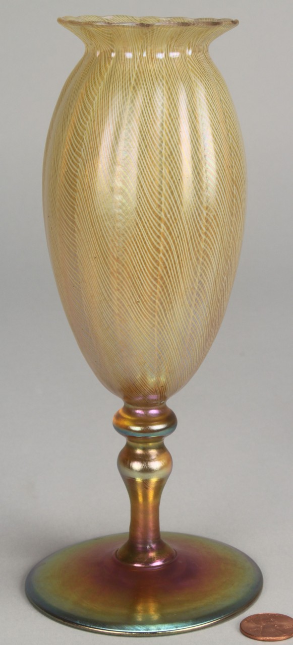 Lot 324: Favrile fluted vase, poss. Tiffany & Loetz bud vas