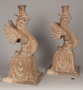 Lot 336: Pair carved Griffin candlesticks