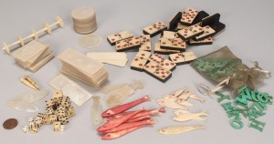Lot 337: 19th c. Gaming accessories with Chips, Dice, Domin