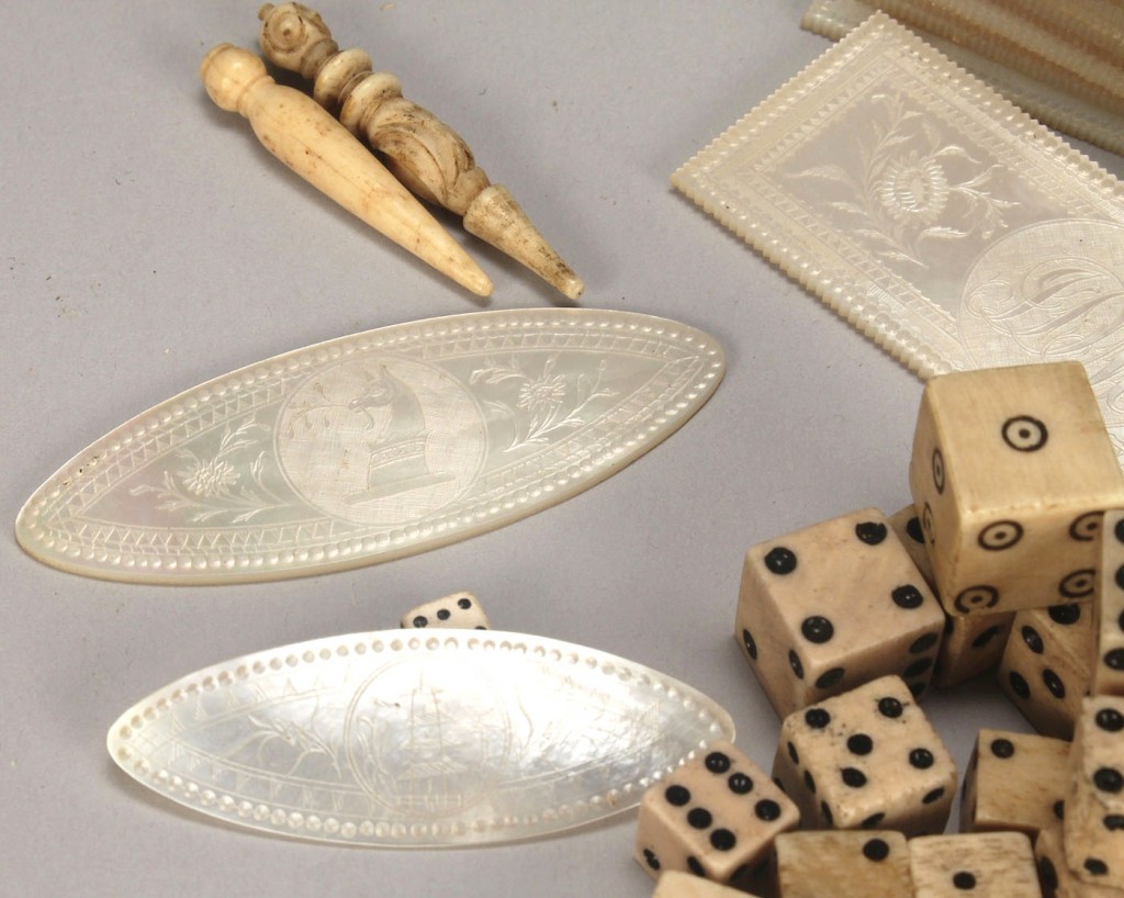 Lot 337: 19th c. Gaming accessories with Chips, Dice, Domin