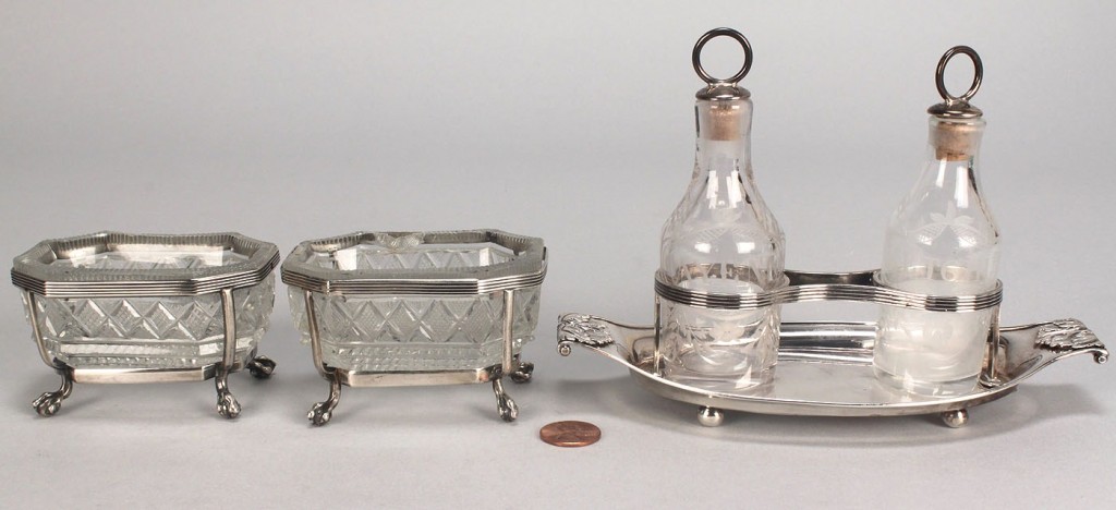 Lot 357: Early silver and glass table items, 3 pcs