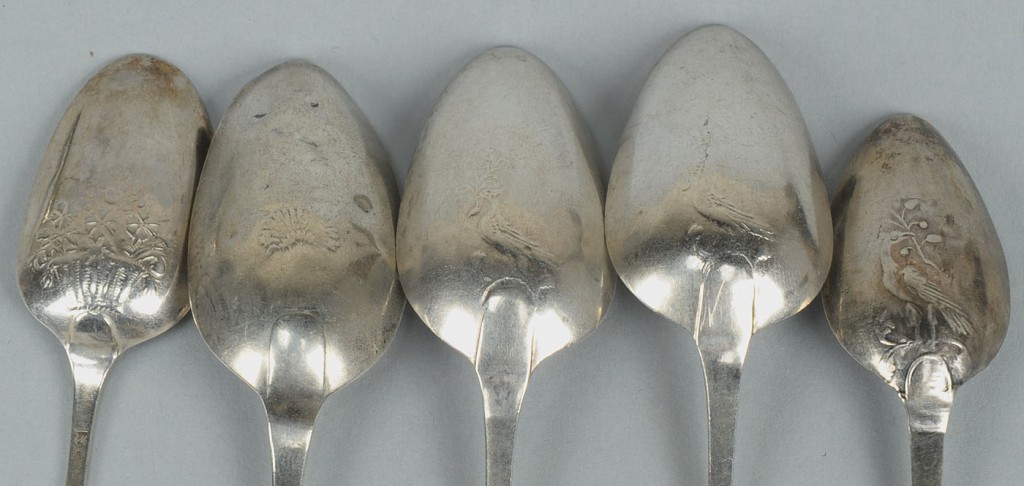 Lot 367: 6 silver Bird, Basket and Sheaf of Wheat spoons