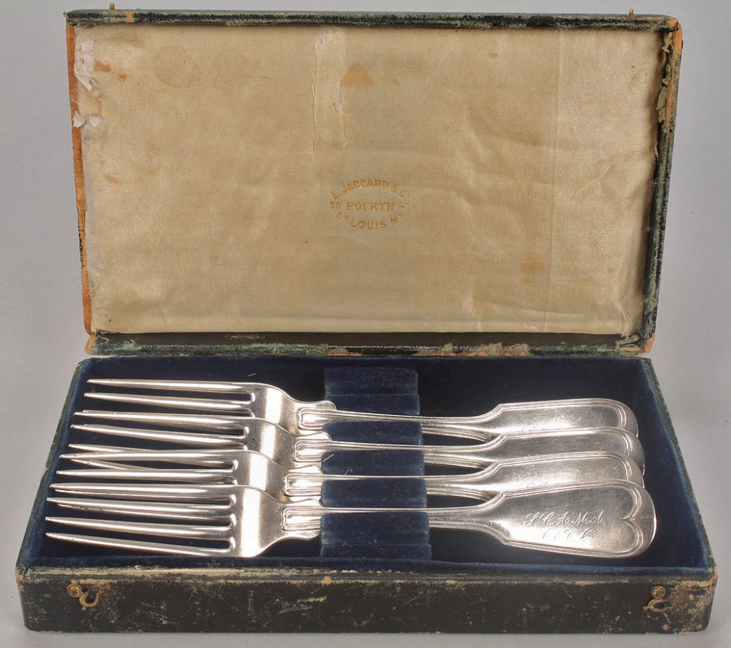 Lot 368: 4 Jaccard silver presentation forks, poss. agricul