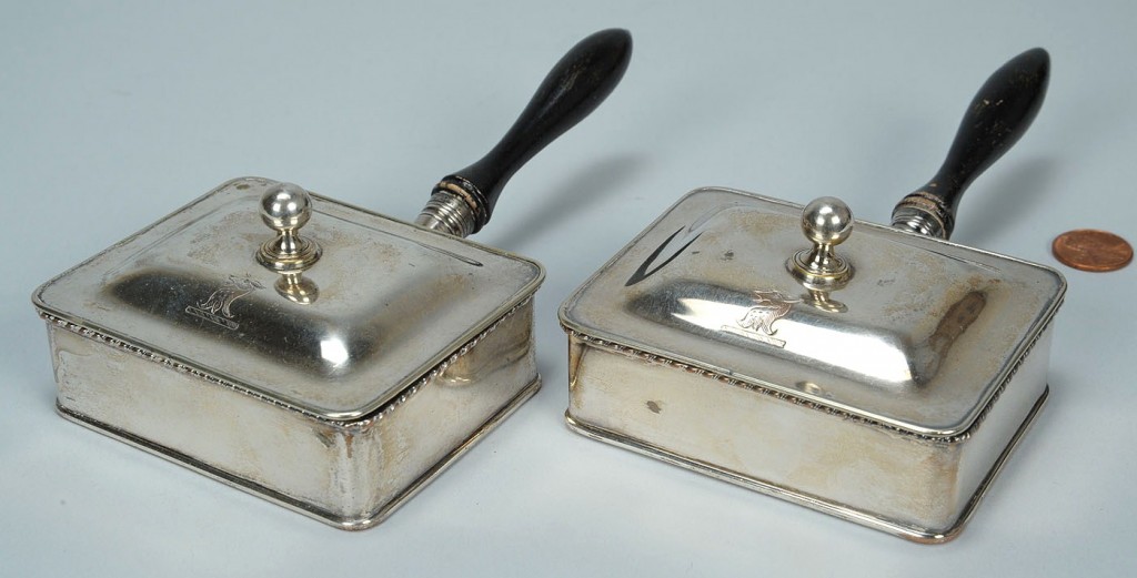Lot 386: Pair of Old Sheffield crested cheese dishes