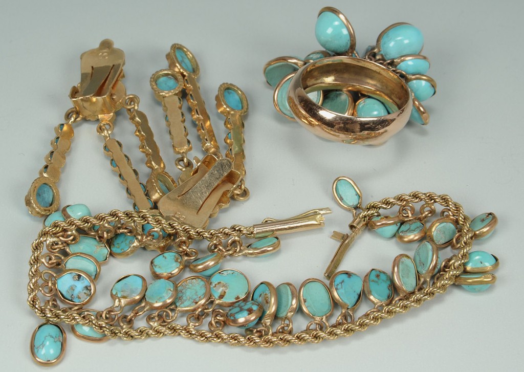 Lot 390: Group Of 14K gold and turquoise Jewelry