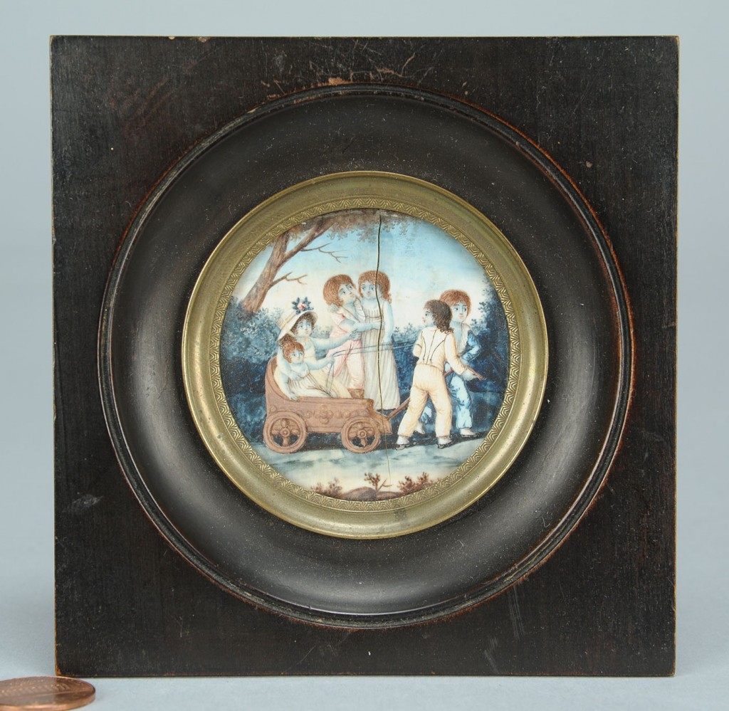 Lot 404: Miniature painting, children in wagon