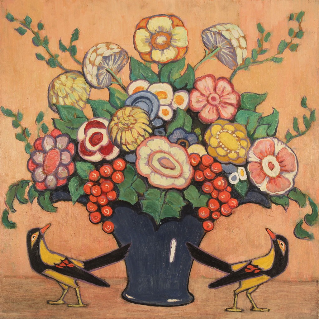 Lot 430: Eleanor Abrams oil on board "Birds and Flowers"