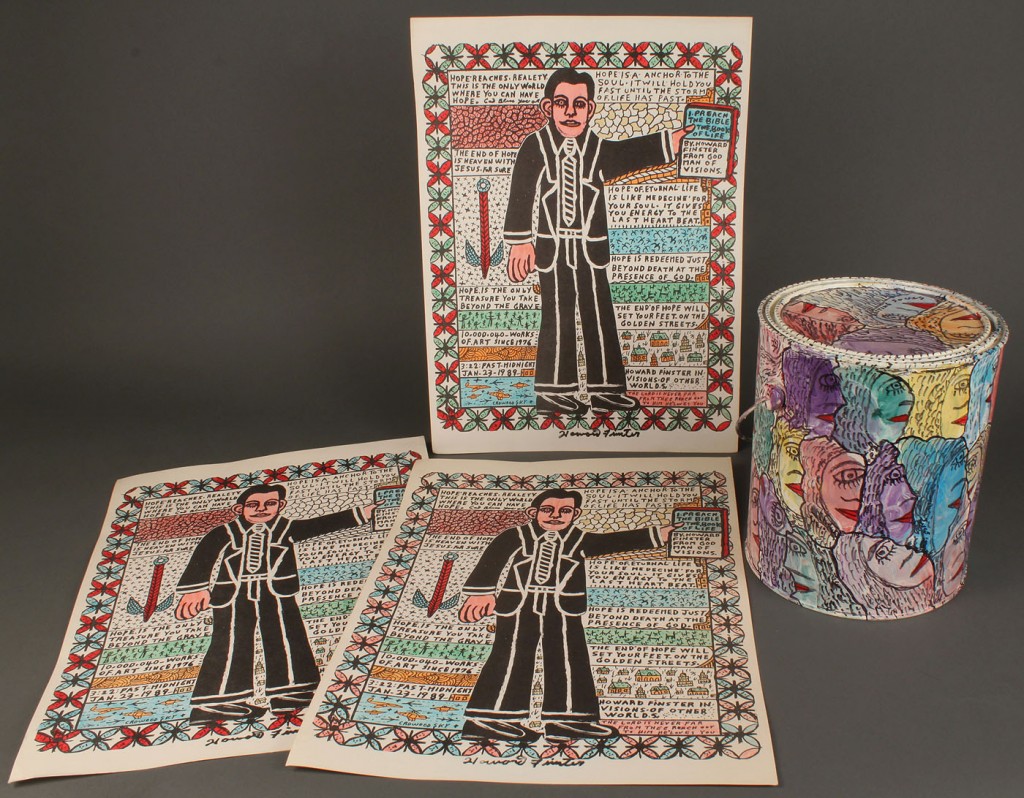 Lot 450: 4 Howard Finster Items: paint can and wood blocks